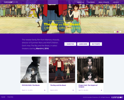 Screenshot image of website UX for www.funimationfilms.com